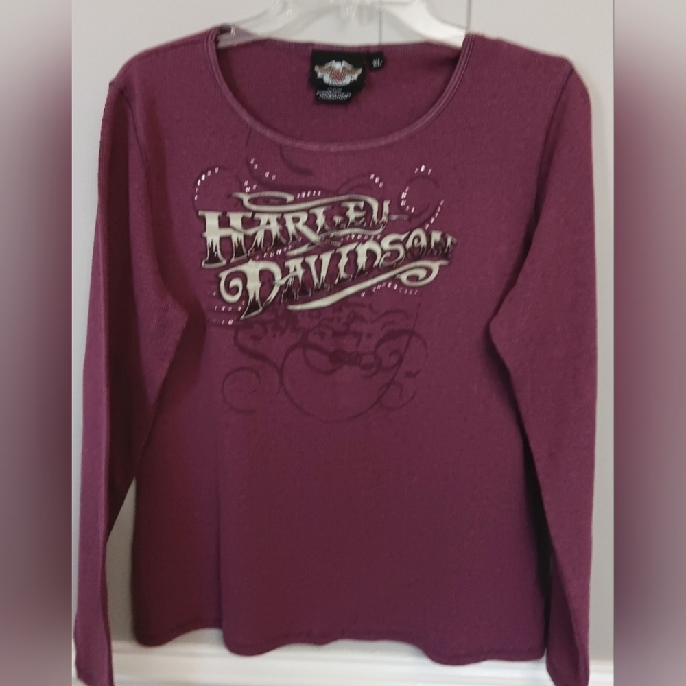 Harley-Davidson Maroon Rhinestone on Logo Long Sleeve Ribbed Tee XL
